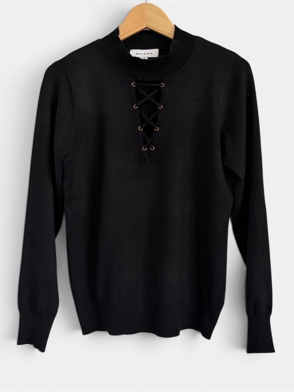 Majora Black Lace-Up Pullover Turtleneck Sweater - Women's